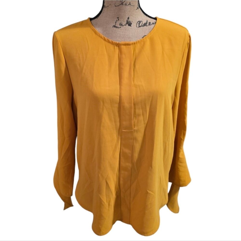 Antonio Melani Mustard Yellow Bell Sleeve Hidden Button Blouse Womens Medium